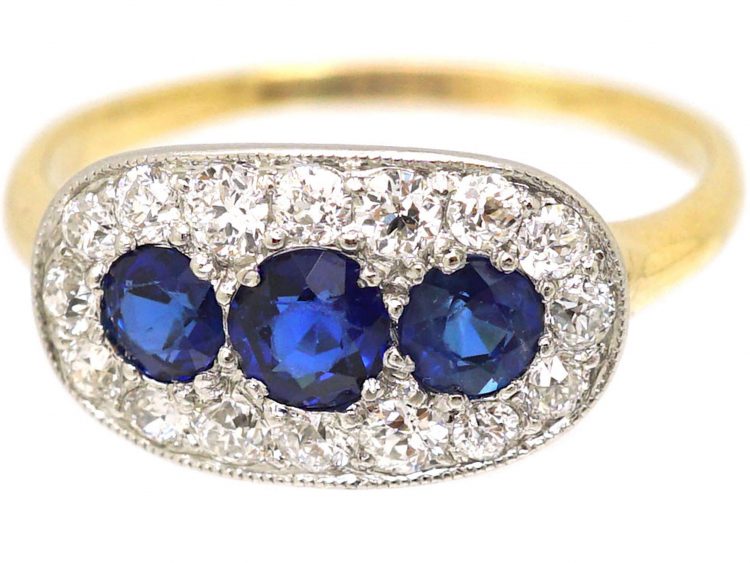 Edwardian 18ct & Platinum, Three Stone Sapphire & Diamond Oval Boat Shaped Ring
