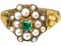 Georgian 18ct Gold, Natural Split Pearl & Emerald Cluster Ring