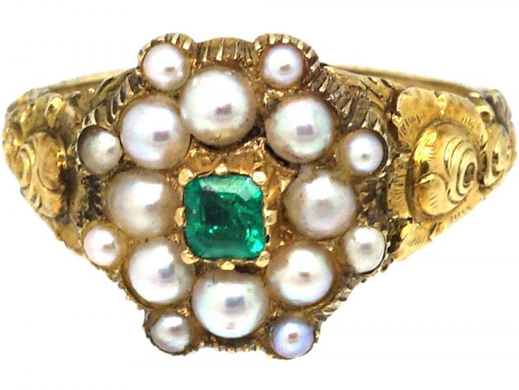 Georgian 18ct Gold, Natural Split Pearl & Emerald Cluster Ring