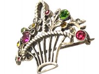 Edwardian Silver & Coloured Paste Basket of Flowers Brooch