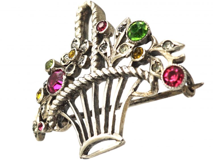 Edwardian Silver & Coloured Paste Basket of Flowers Brooch