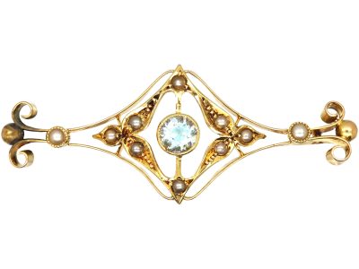 Edwardian 15ct Gold, Natural Split Pearl & Aquamarine Bar Brooch