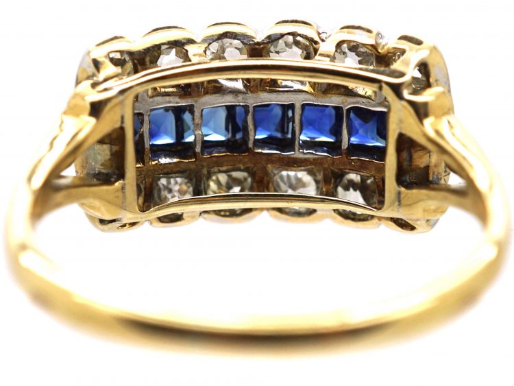 Art Deco 18ct & Platinum, French Cut Sapphire & Diamond Three Row Ring