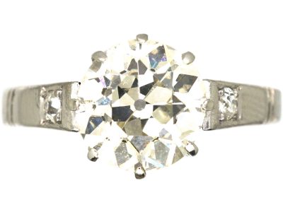 Art Deco French Platinum 2.10 Carat Diamond Solitaire Ring with Diamond Set Shoulders