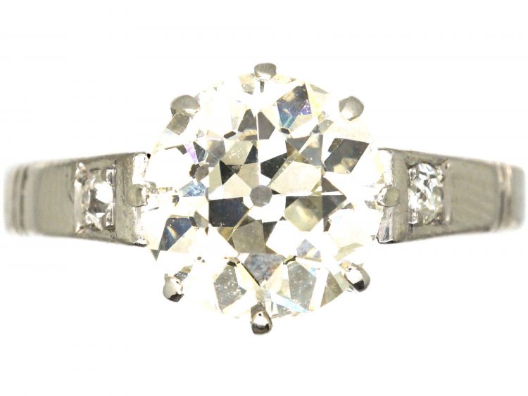Art Deco French Platinum 2.10 Carat Diamond Solitaire Ring with Diamond Set Shoulders