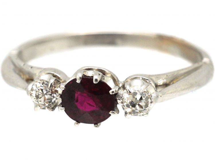 Early 20th Century 18ct White Gold, Ruby & Diamond Three Stone Ring