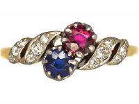 Edwardian 18ct Gold & Platinum, Sapphire, Ruby & Diamond Twist Ring