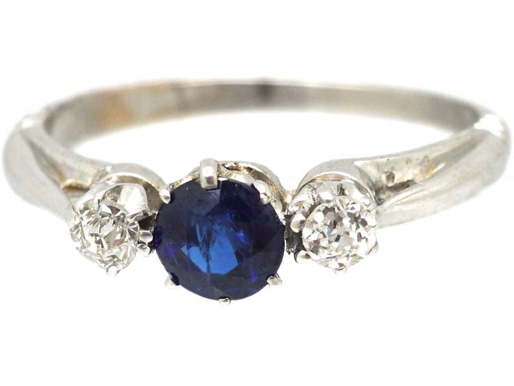 Art Deco 18ct Gold, Three Stone Sapphire & Diamond Ring