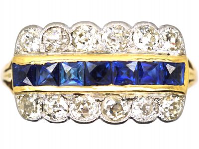 Art Deco 18ct & Platinum, French Cut Sapphire & Diamond Three Row Ring