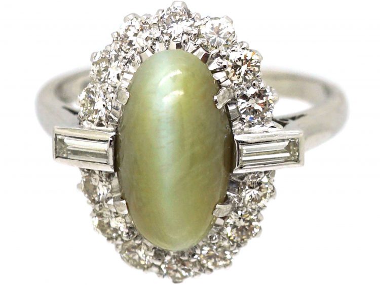 18ct White Gold & Platinum, Diamond & Cat's Eye Chrysoberyl Ring