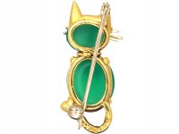 1970s 18ct Gold Cat Brooch set with Green Chalcedony & Ruby Eyes