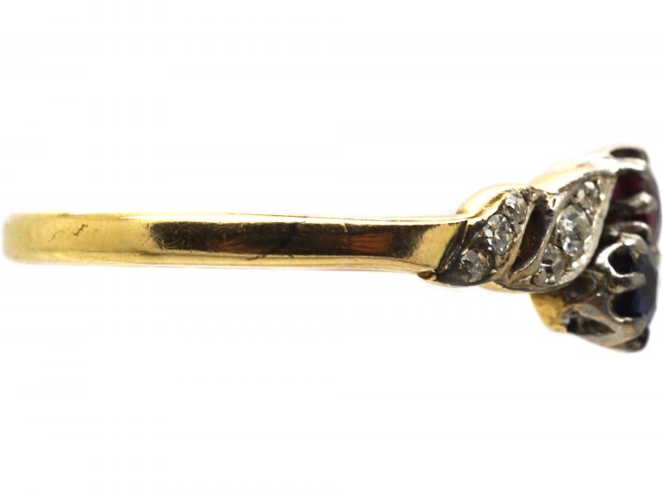 Edwardian 18ct Gold & Platinum, Sapphire, Ruby & Diamond Twist Ring