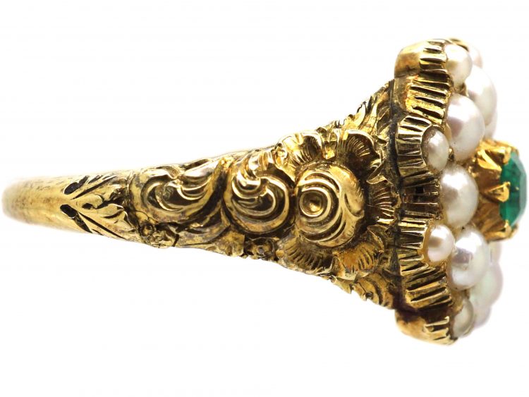 Georgian 18ct Gold, Natural Split Pearl & Emerald Cluster Ring