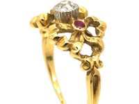 French Art Nouveau 18ct Gold & Platinum, Ruby & Diamond Ring with Two Bows