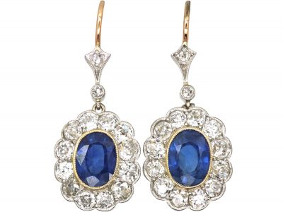 Edwardian Platinum & 18ct Gold, Sapphire & Diamond Cluster Drop Earrings
