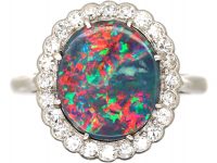 Art Deco 18ct White Gold & Platinum, Black Opal & Diamond Ring