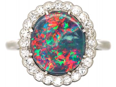 Art Deco 18ct White Gold & Platinum, Black Opal & Diamond Ring