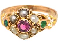 Victorian 15ct Gold Ruby, Emerald & Natural Split Pearl Ring