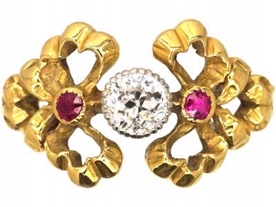 French Art Nouveau 18ct Gold & Platinum, Ruby & Diamond Ring with Two Bows