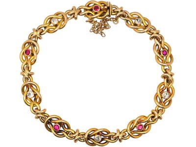 Edwardian 15ct Gold Lover's Knot Bracelet set with Rubies & Diamonds