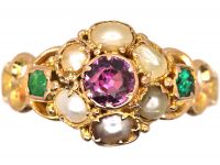 Victorian 15ct Gold Ruby, Emerald & Natural Split Pearl Ring