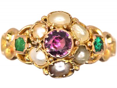 Victorian 15ct Gold Ruby, Emerald & Natural Split Pearl Ring