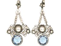 Edwardian Silver & Pale Blue & White Paste Flower Drop Earrings