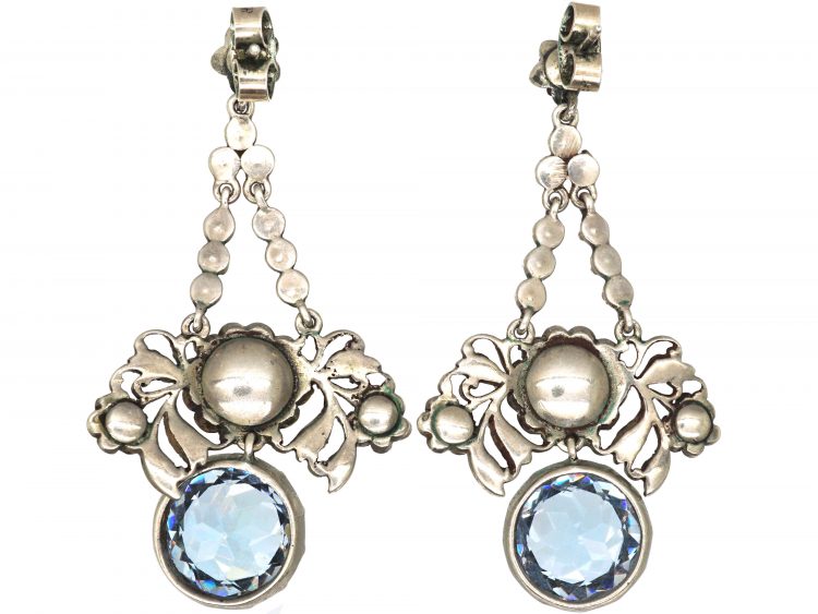 Edwardian Silver & Pale Blue & White Paste Flower Drop Earrings