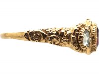Georgian 15ct Gold, Ruby & Rose Diamond Ring with Repousse Shoulders