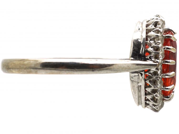 Art Deco 18ct White Gold, Fire Opal & Diamond Cluster Ring