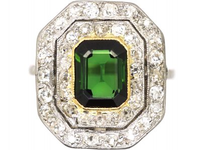 Art Deco Platinum, Green Tourmaline & Diamond Octagonal Shaped Ring