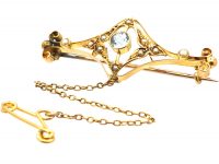 Edwardian 15ct Gold, Natural Split Pearl & Aquamarine Bar Brooch