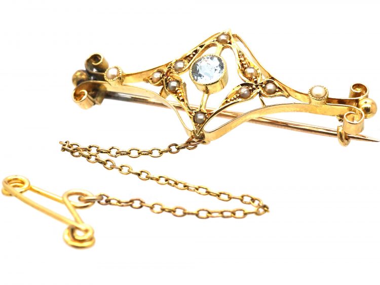 Edwardian 15ct Gold, Natural Split Pearl & Aquamarine Bar Brooch