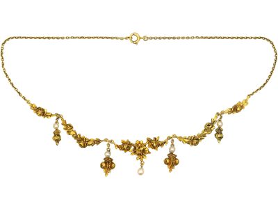 French Belle Epoque 18ct Gold Garland Necklace set with Natural Pearls