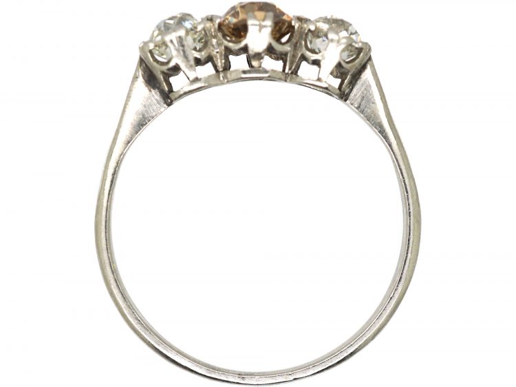 Art Deco Platinum, Three Stone Ring with Champagne Coloured Diamond in the Centre