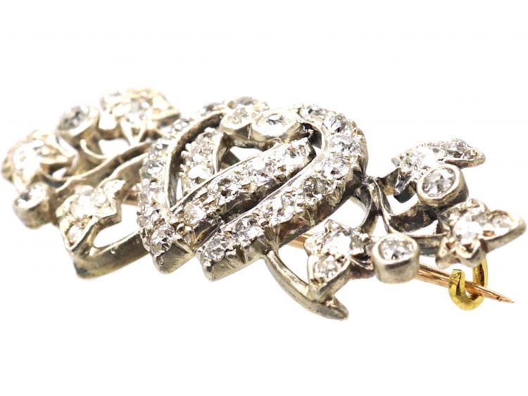 Victorian Silver & Gold Double Heart Brooch with Ivy Leaf Motif