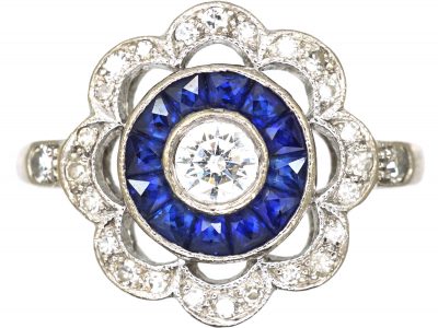18ct White Gold, French Cut Sapphire & Diamond Target Ring