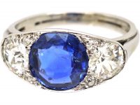 Art Deco Platinum, Unheated Burma Sapphire & Diamond Three Stone Ring