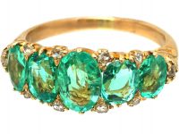 Victorian 18ct Gold Five Stone Emerald Ring with Diamond Points