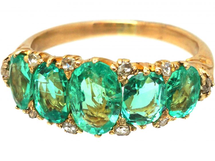 Victorian 18ct Gold Five Stone Emerald Ring with Diamond Points