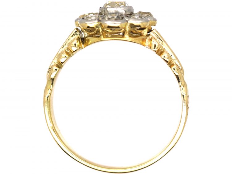 Victorian 18ct Gold, Old Mine Cut Diamond Cluster Ring with Ornate Shoulders