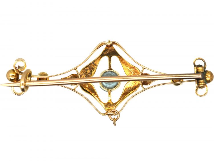 Edwardian 15ct Gold, Natural Split Pearl & Aquamarine Bar Brooch