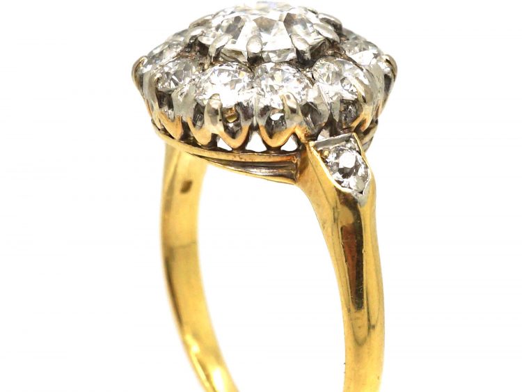 Edwardian 18ct Gold, Diamond Cluster Ring with Diamond Set Shoulders