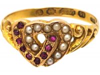 Victorian 15ct Gold Double Heart Ring set with Rubies & Natural Split Pearls
