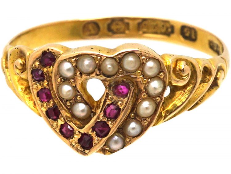 Victorian 15ct Gold Double Heart Ring set with Rubies & Natural Split Pearls