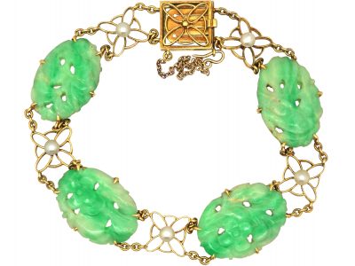 Art Deco 15ct Gold, Jade & Natural Pearl Bracelet