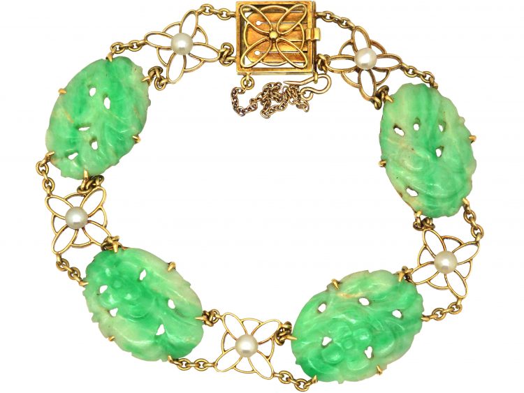 Art Deco 15ct Gold, Jade & Natural Pearl Bracelet