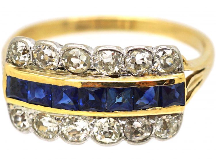 Art Deco 18ct & Platinum, French Cut Sapphire & Diamond Three Row Ring