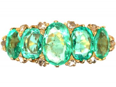 Victorian 18ct Gold Five Stone Emerald Ring with Diamond Points