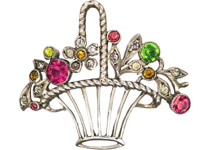 Edwardian Silver & Coloured Paste Basket of Flowers Brooch